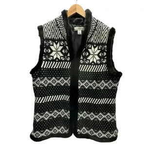 Christopher & Banks Black & White Knit with Faux Fur Trim Stand up Collar Sz XL